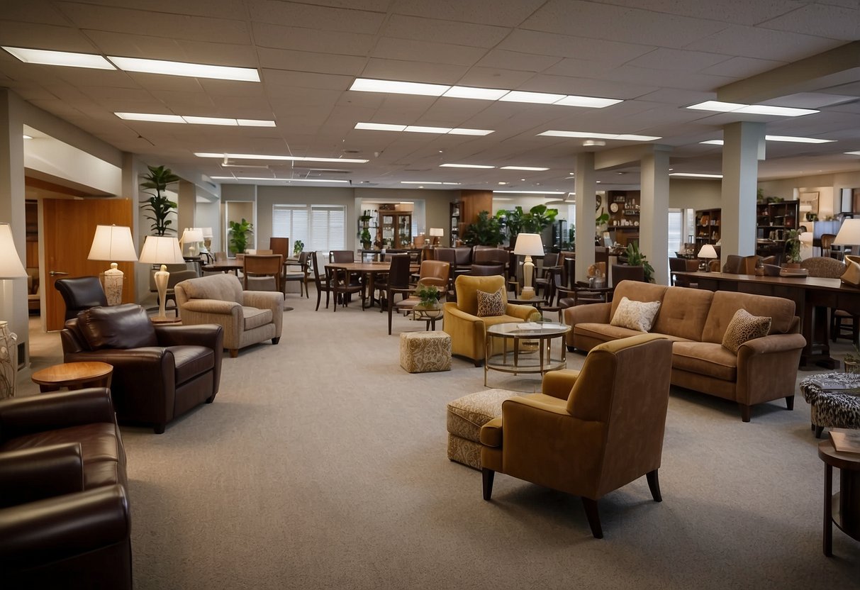 A room filled with various furniture items, including chairs, tables, and shelves. A sign reading "Frequently Asked Questions 11.11 furniture" is prominently displayed