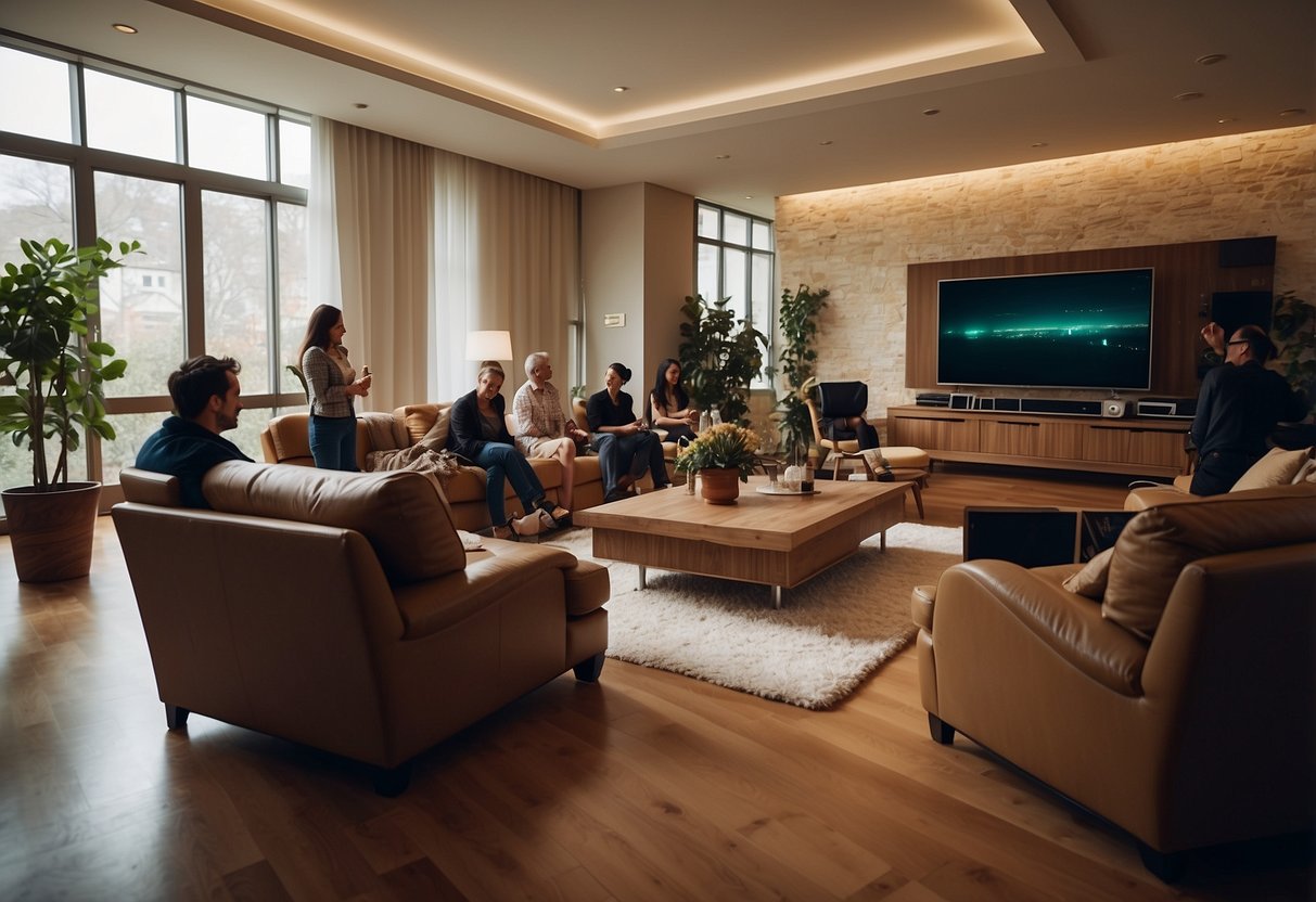A room with oversized furniture, surrounded by curious onlookers