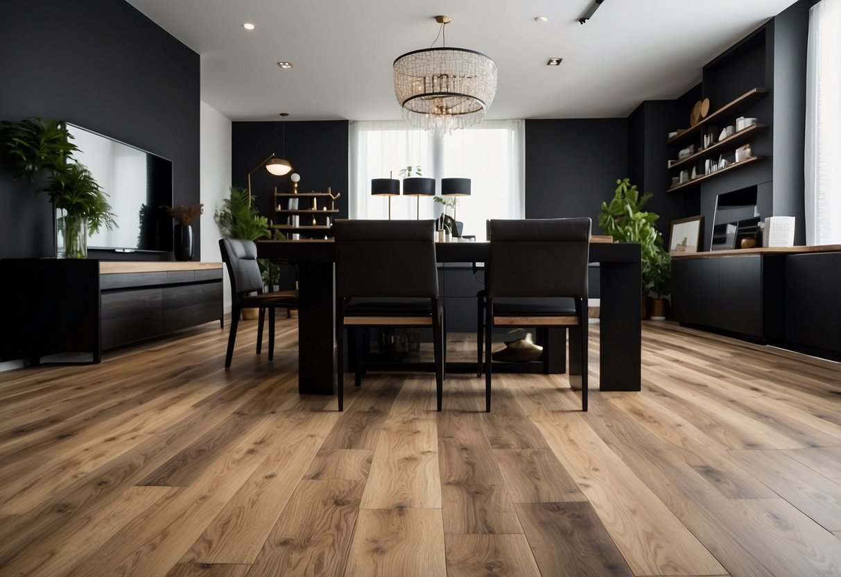 Light wood floors contrast with dark furniture, creating a modern and sophisticated atmosphere