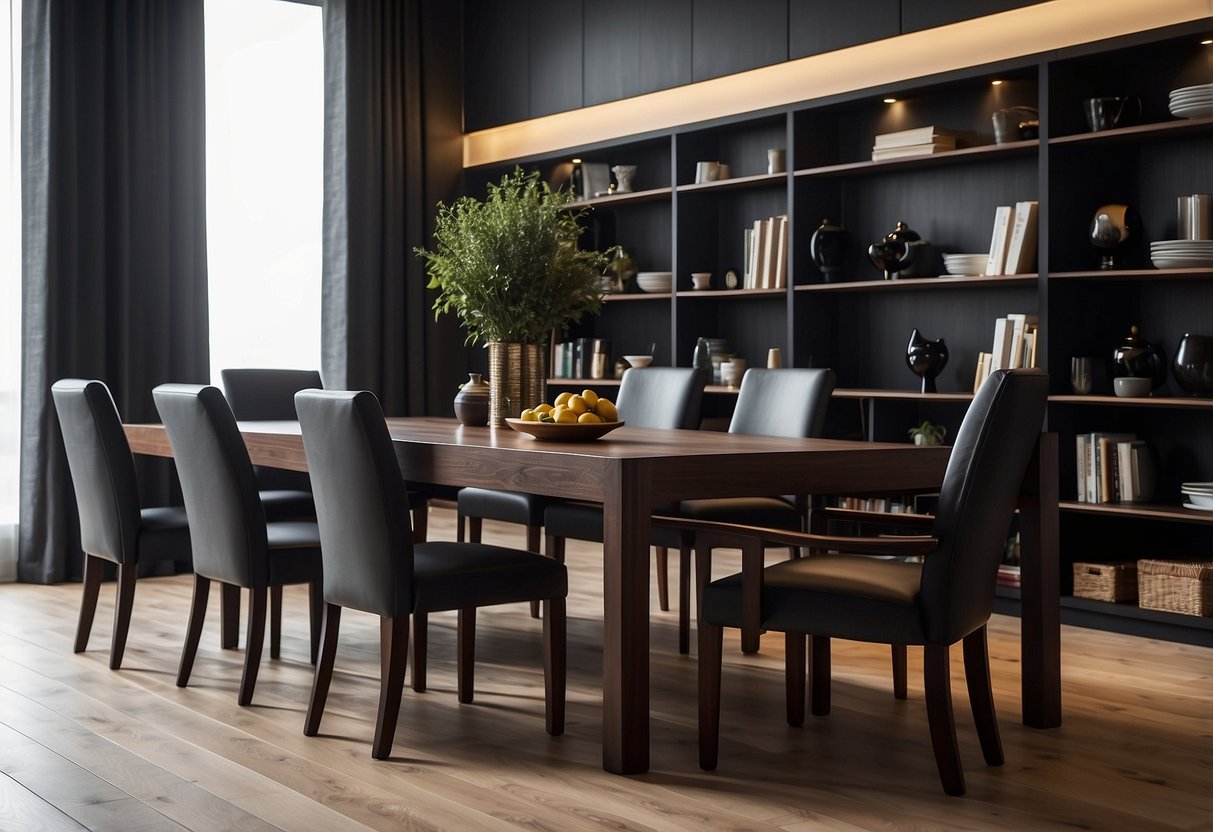 A room with light wood floors and dark furniture. The furniture includes a large, sleek dining table and chairs, a dark wood coffee table, and a bookshelf against the wall