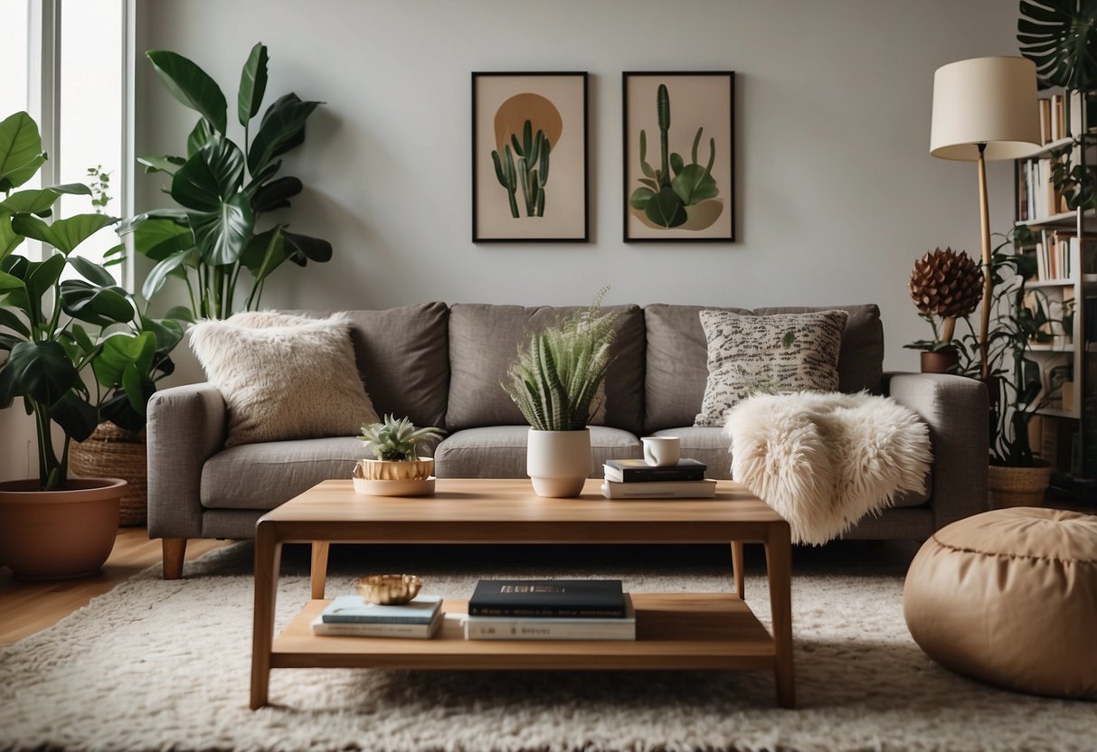 A cozy living room with a large, plush sectional sofa, a coffee table with a stack of books, and a soft, shaggy rug. A floor lamp and potted plants add warmth and character to the space