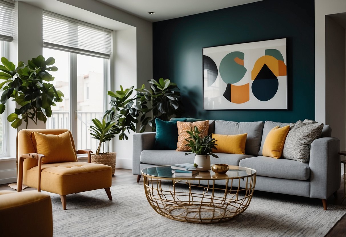 A modern living room with a cohesive colour scheme, featuring sleek furniture, geometric patterns, and pops of accent colours