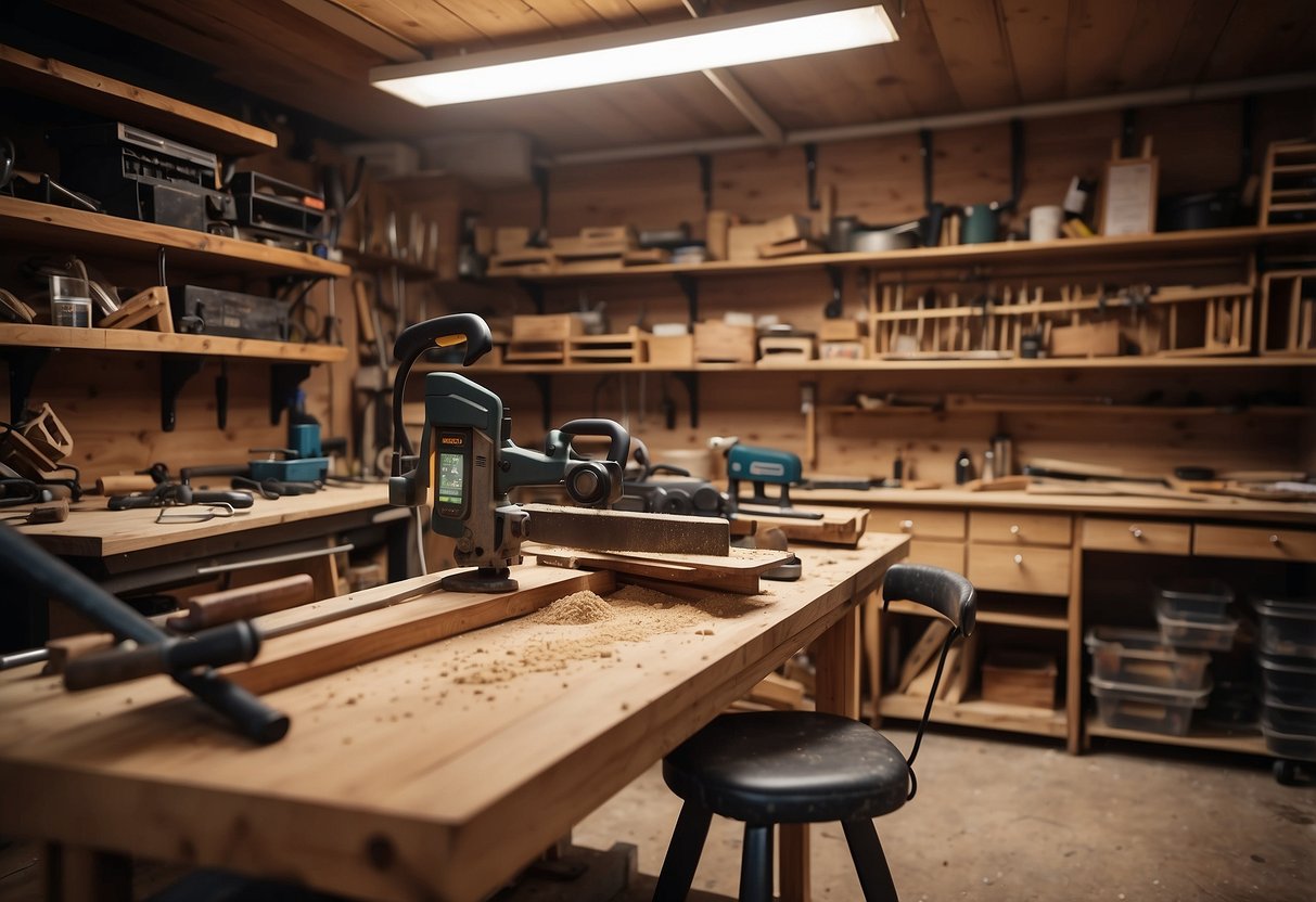 A cluttered workshop with sawdust, tools, and wood planks. Shelves display finished furniture pieces while a workbench holds a half-finished chair