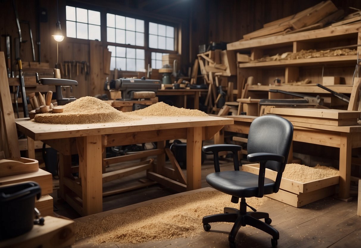 A cluttered workshop with sawdust, wood shavings, and various hand tools scattered on a workbench. A partially finished chair and a stack of raw lumber await the craftsman's touch