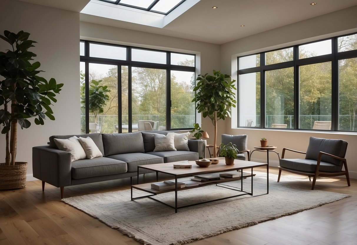 A modern living room with sleek, multi-functional furniture pieces arranged in a stylish and practical manner. The space is filled with natural light and adorned with tasteful decor accents