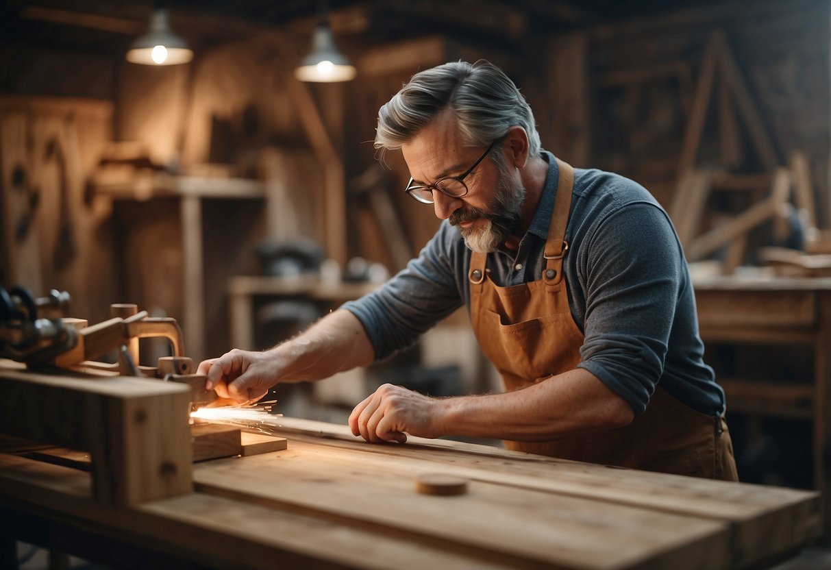 A woodworker carefully crafts a unique custom furniture piece in a well-lit workshop, surrounded by various tools and wood materials