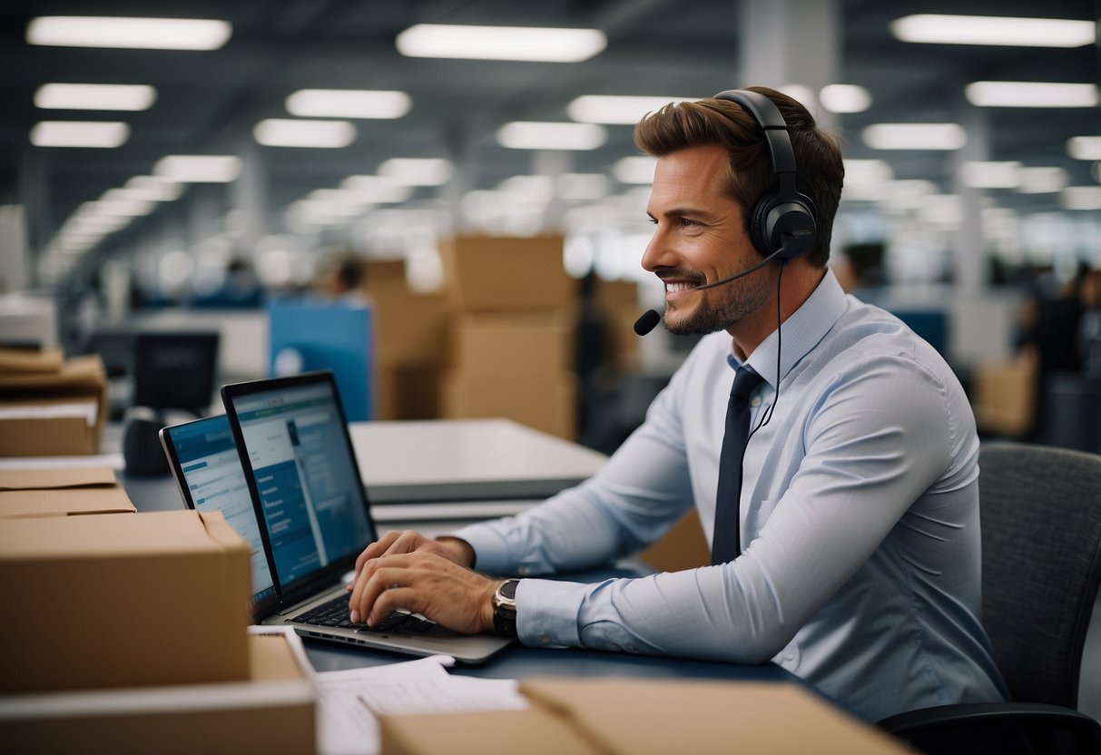 A customer service representative assists with logistics for shipping furniture in a modern office setting