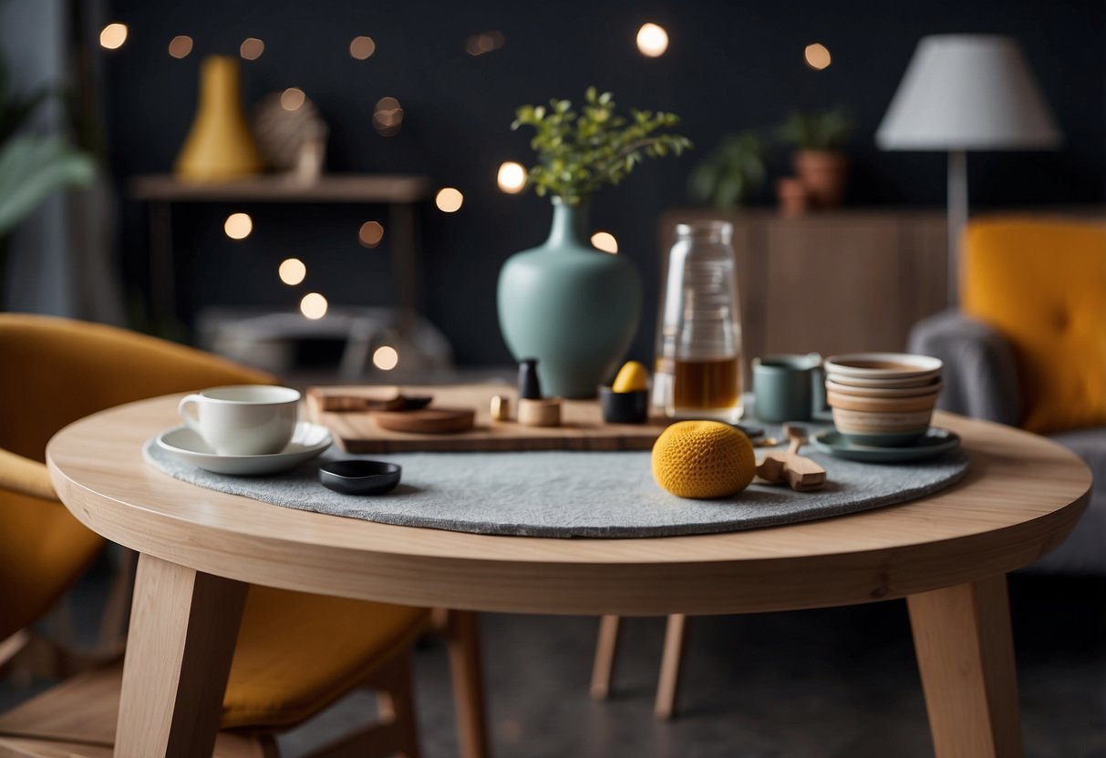 A table with 3m felt pads attached to its legs, surrounded by various furniture items
