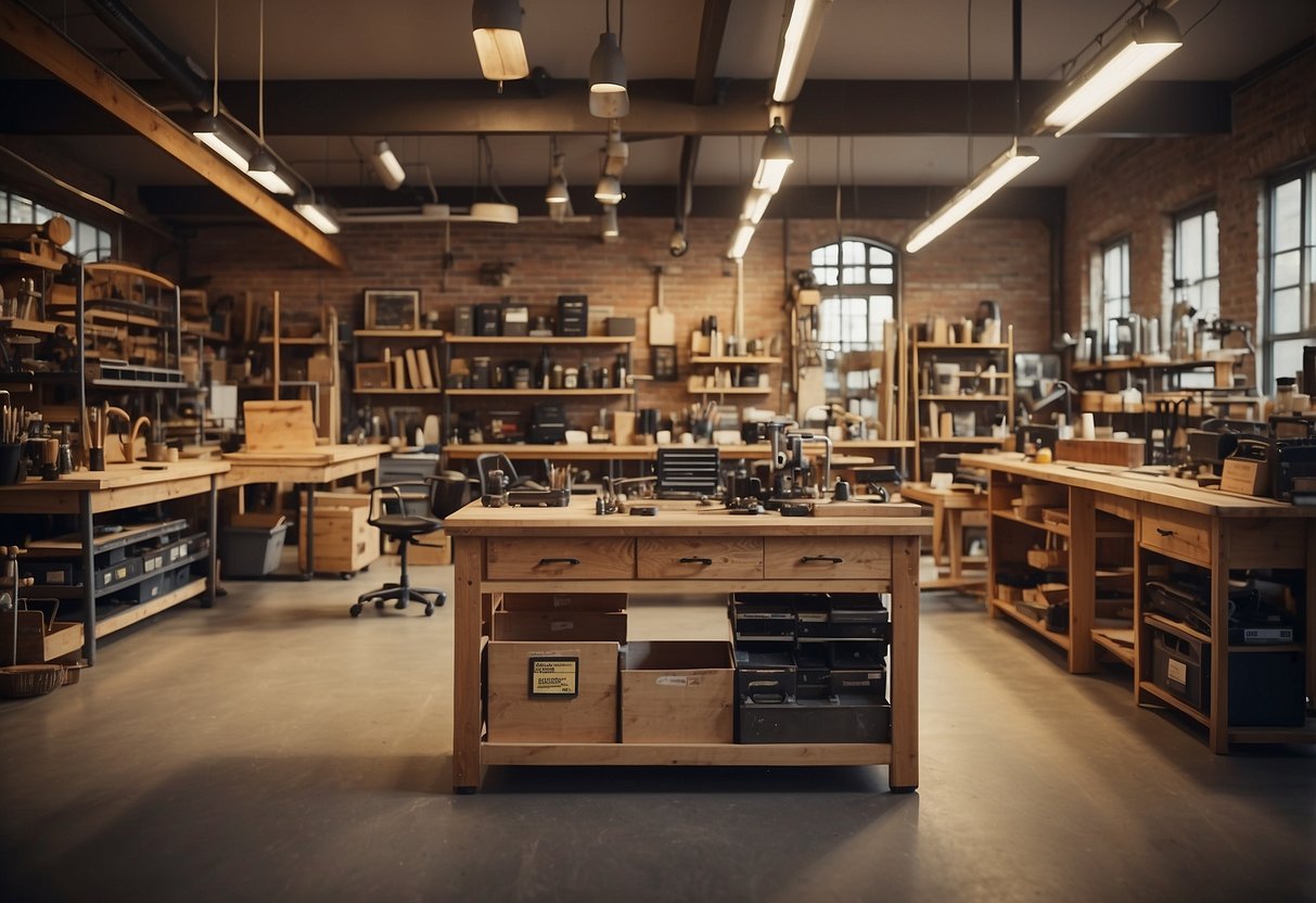 A busy workshop with tools and wood, shelves of finished products, and a customer service desk with a sign that reads "Frequently Asked Questions furniture maker"