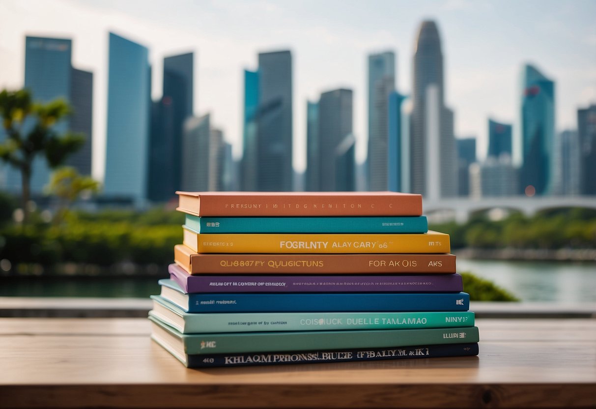 A stack of colorful furniture catalogs with "Frequently Asked Questions" prominently displayed, set against a backdrop of the iconic skyline of Singapore