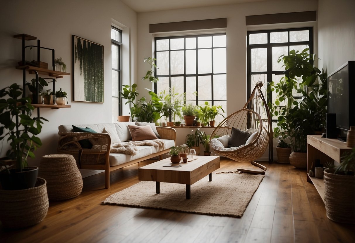 A cozy living room with a variety of unique and creative furniture pieces, such as a bookshelf chair, a plant stand coffee table, and a hammock sofa