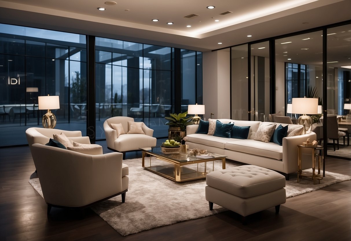 A spacious showroom with modern and elegant furniture displays. Bright lighting highlights the sleek designs and luxurious materials