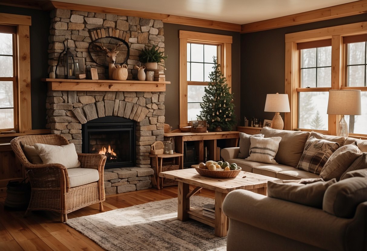 A cozy living room with a large, rustic wooden table surrounded by Maine furniture, including a rocking chair and a handcrafted bookshelf