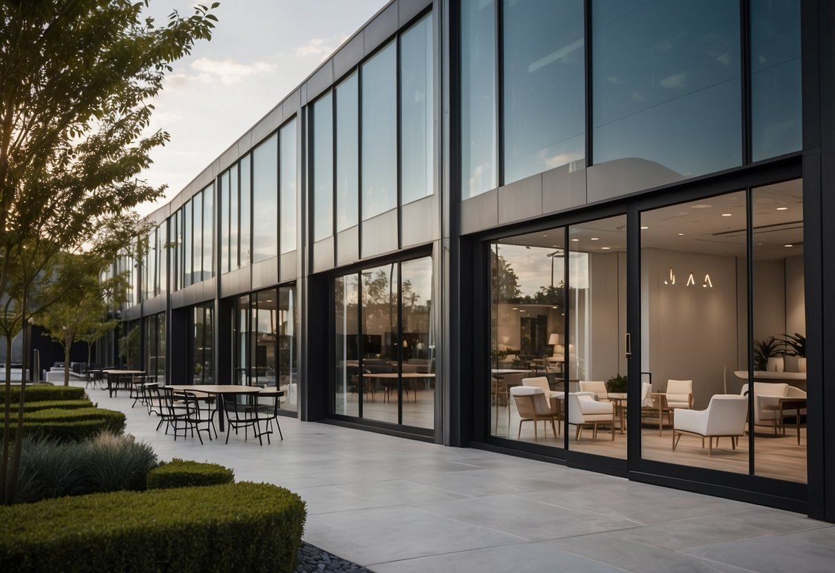 A modern furniture showroom with large glass windows and a sleek, minimalist exterior design. Bold signage and stylish outdoor seating invite customers inside