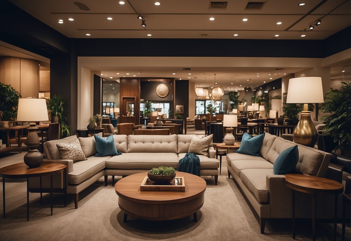The McPherson furniture store is filled with elegant, modern pieces. The showroom is bathed in natural light, highlighting the sleek lines and rich textures of the furnishings