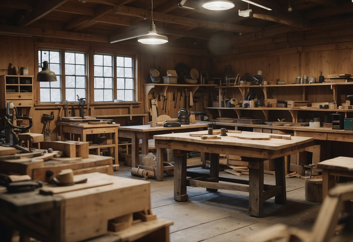 A rustic workshop filled with handcrafted Maine furniture, sawdust in the air, tools scattered on workbenches, and unfinished pieces waiting to be transformed into timeless pieces of art
