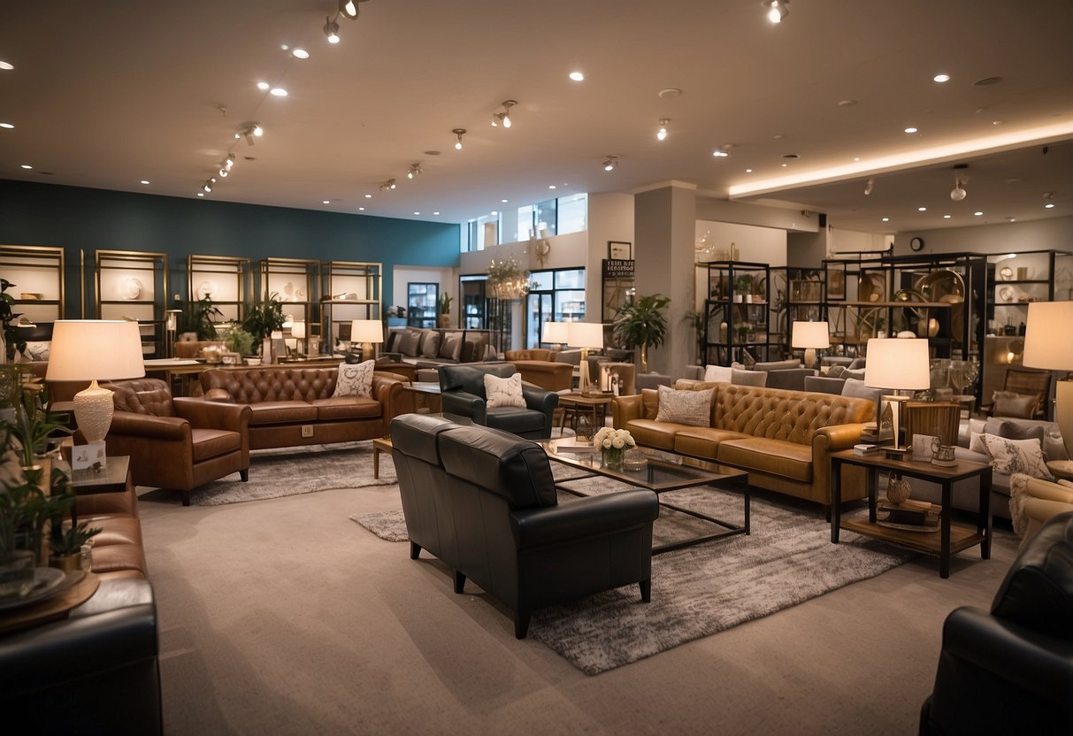 A spacious furniture store in Epping, filled with modern and traditional pieces. Bright lighting highlights the displays, and customers browse the aisles