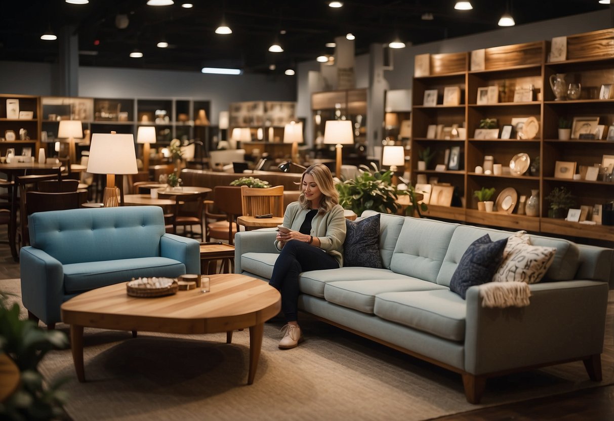 Customers browsing furniture displays at McPherson's store. Bright lighting, modern designs, and comfortable seating options