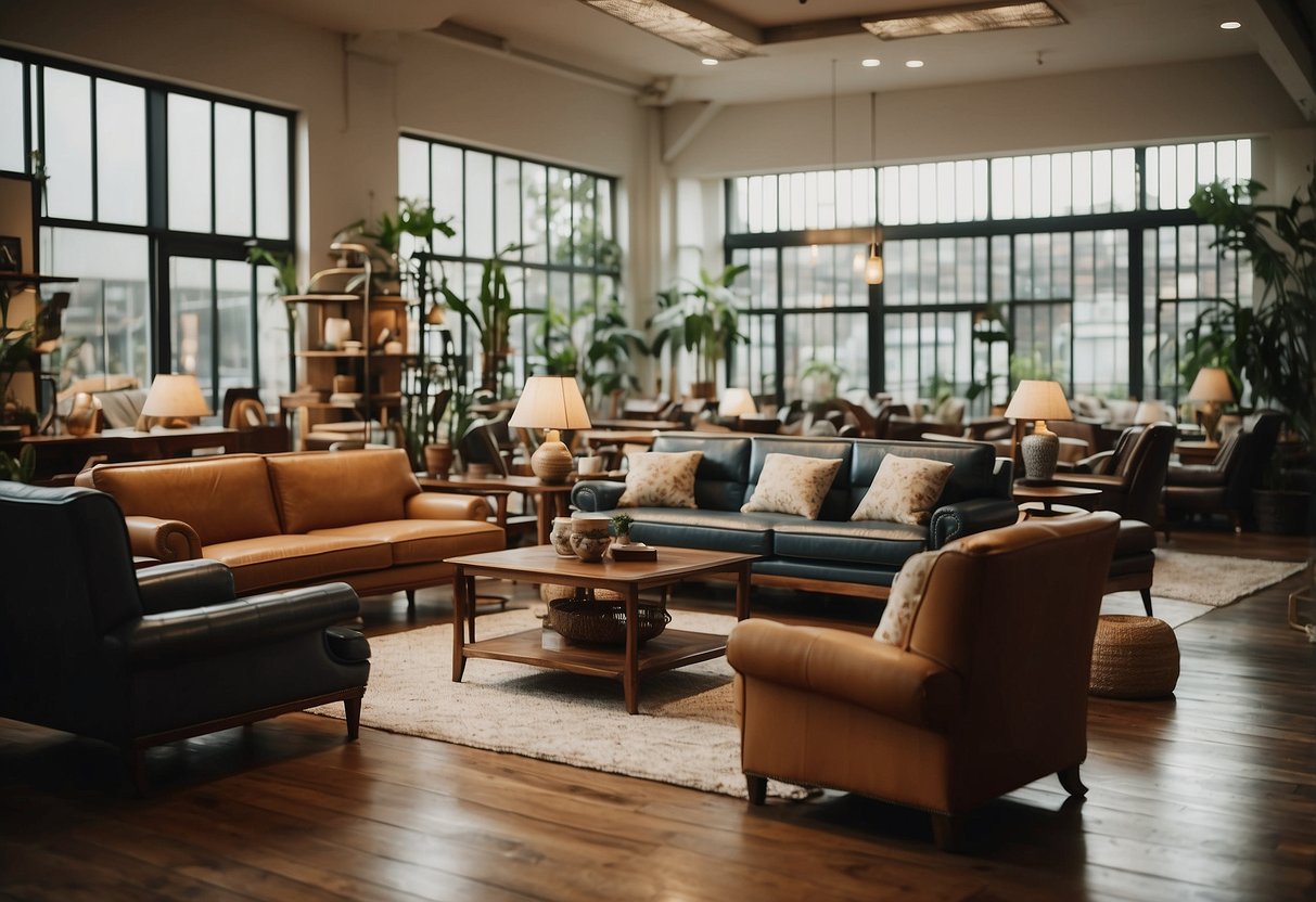 A bustling furniture shop at Tan Boon Liat, filled with modern and vintage pieces, bathed in natural light from large windows