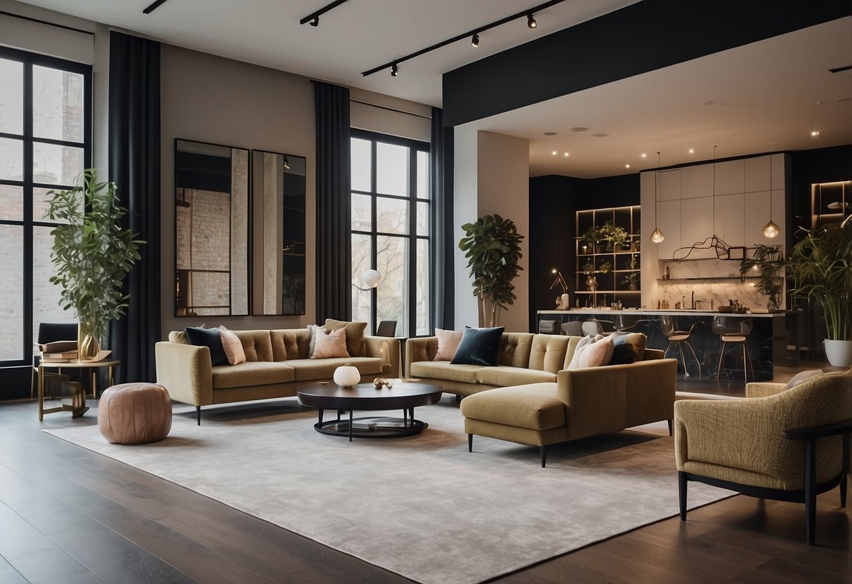 A spacious showroom with modern furniture arranged in stylish settings, featuring sleek lines and luxurious materials