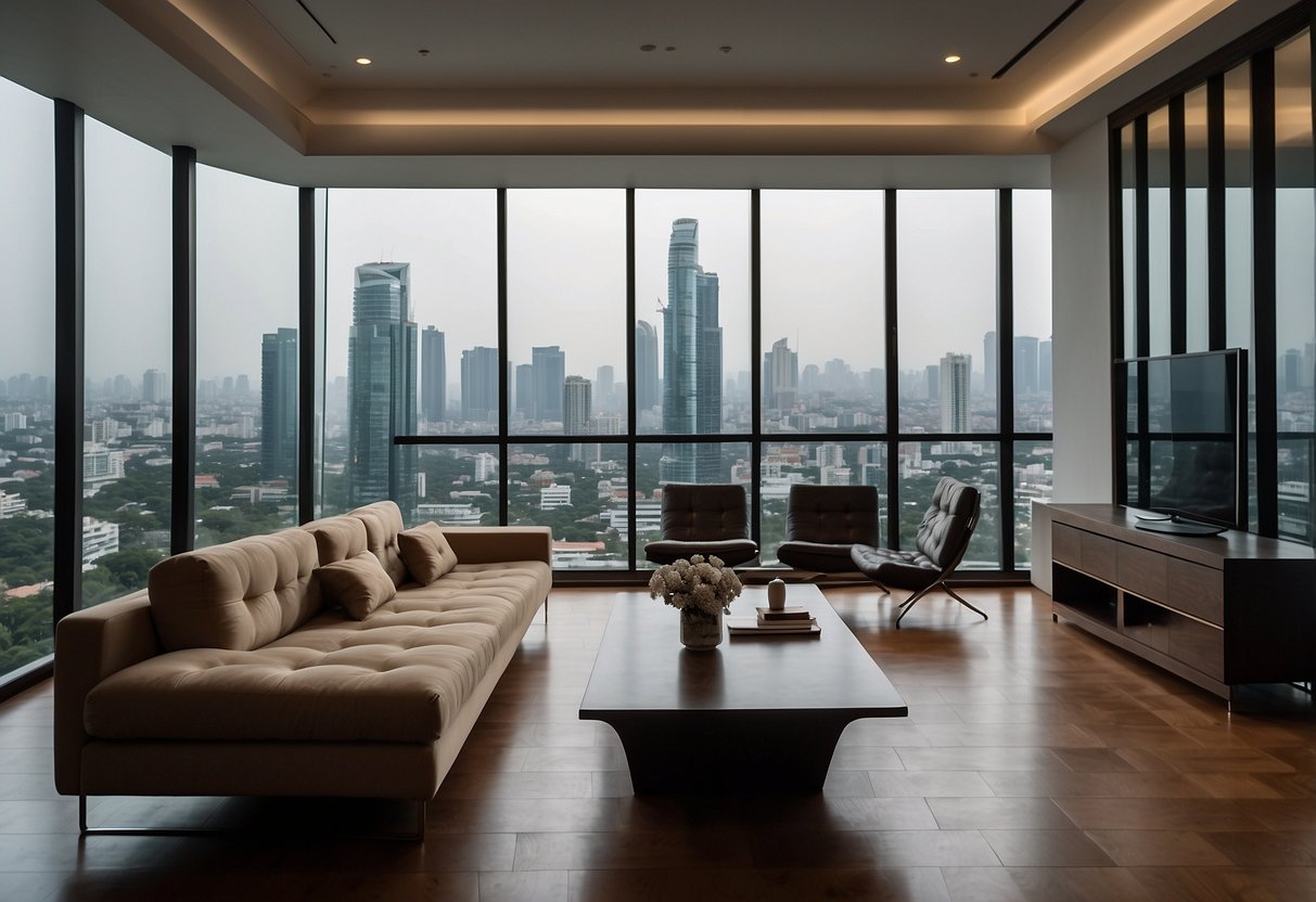 A modern living room with sleek furniture, minimalist decor, and large windows overlooking the bustling streets of Thonglor