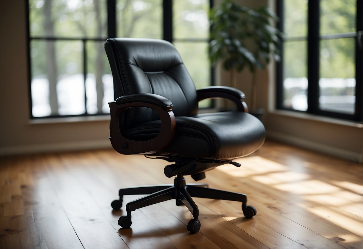 A desk chair with black furniture wheels rolling across a hardwood floor