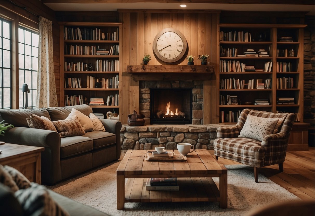 A cozy living room with a rustic Maine furniture set, including a wooden coffee table, a plaid armchair, and a bookshelf filled with books