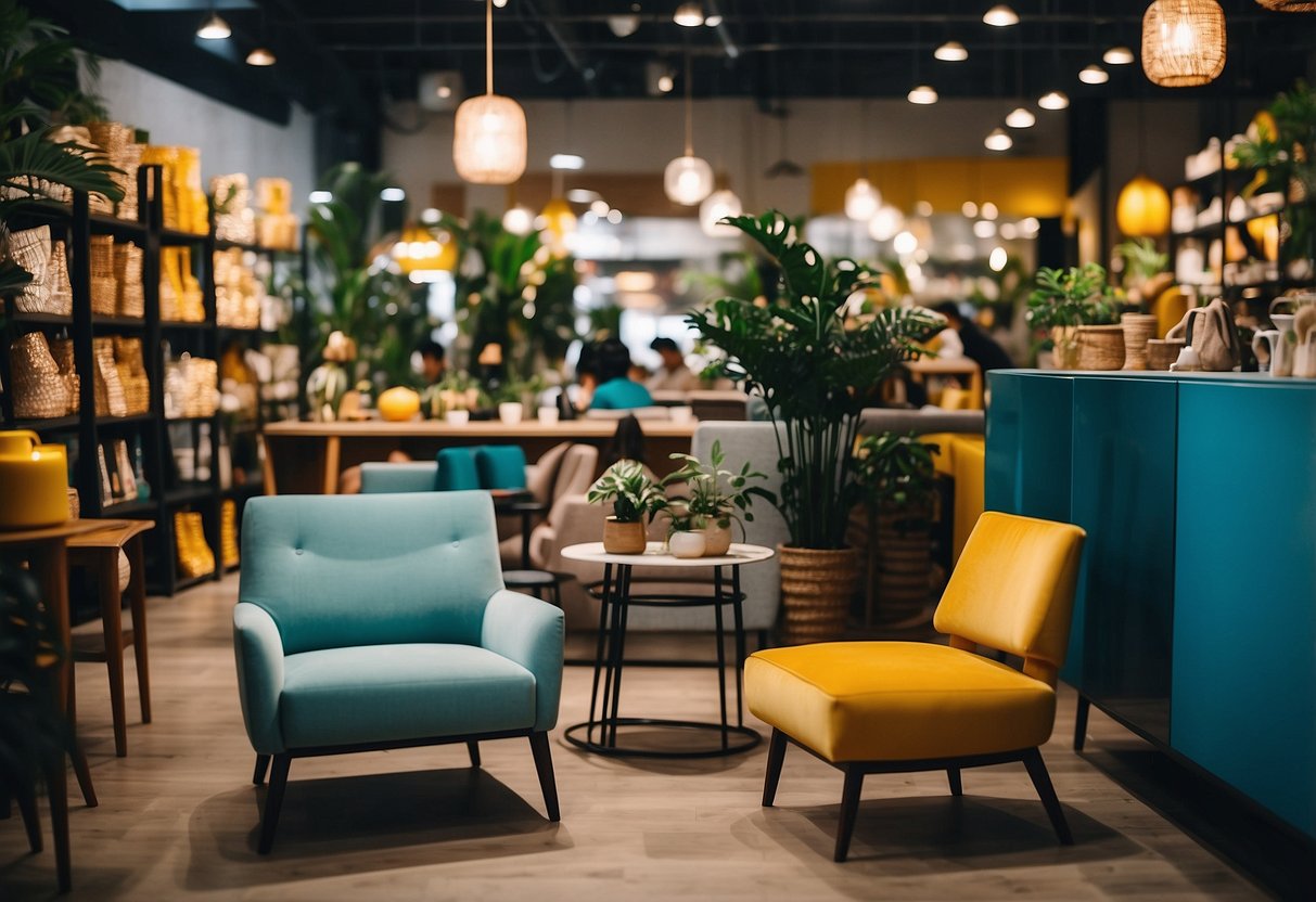 Thonglor's Furniture Scene: A bustling street lined with modern and eclectic furniture stores, filled with vibrant colors and unique designs