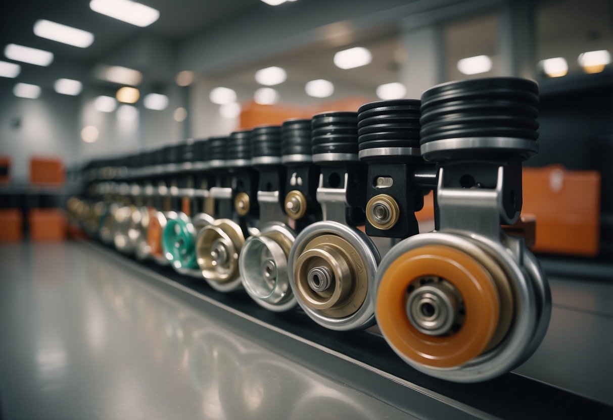 A variety of furniture wheels, including swivel, locking, and caster wheels, are displayed on a clean, well-lit surface