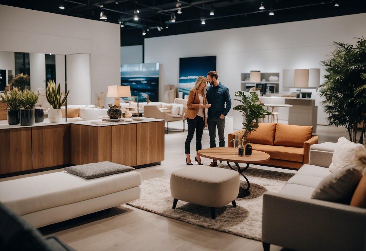 A couple is browsing through a showroom of modern and stylish marina furniture, carefully examining the different designs and colors available