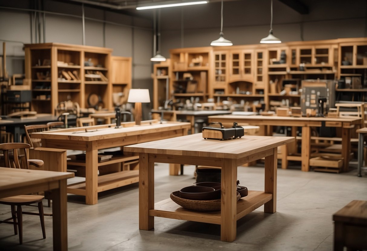 A spacious, well-lit workshop showcases a collection of solid wood custom furniture, including tables, chairs, and cabinets, each expertly crafted with intricate details and smooth finishes