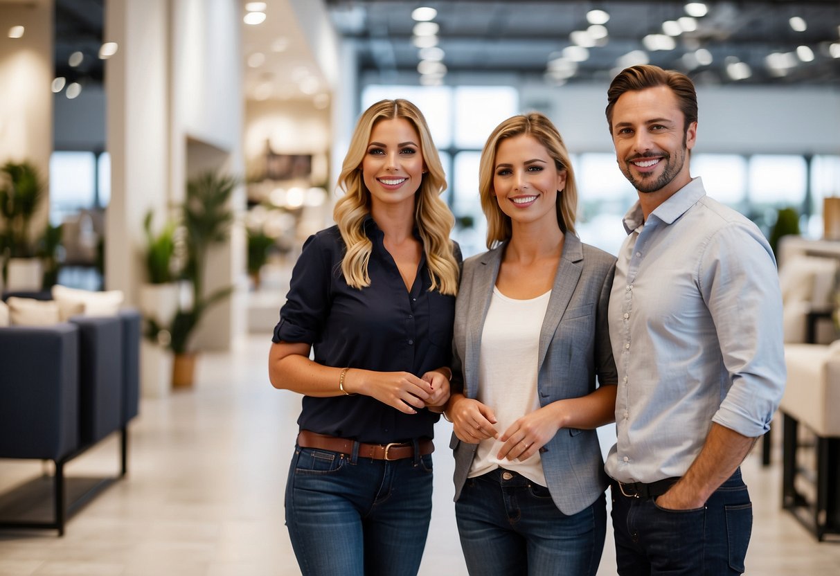 Customers browse, smiling, in a spacious, well-lit furniture showroom. Friendly staff assist, ensuring satisfaction. Bright, modern displays showcase quality pieces