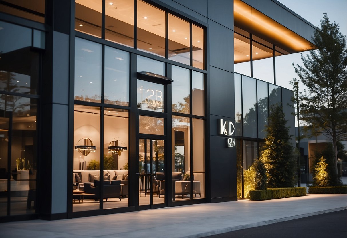 A modern furniture showroom exterior with sleek glass walls, a bold logo sign, and a welcoming entrance area with stylish outdoor displays