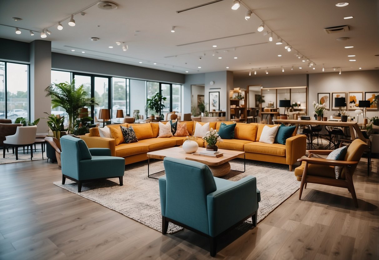 A bright, spacious furniture showroom with modern displays and cozy seating areas. Friendly staff assist customers browsing through a wide selection of stylish and functional pieces