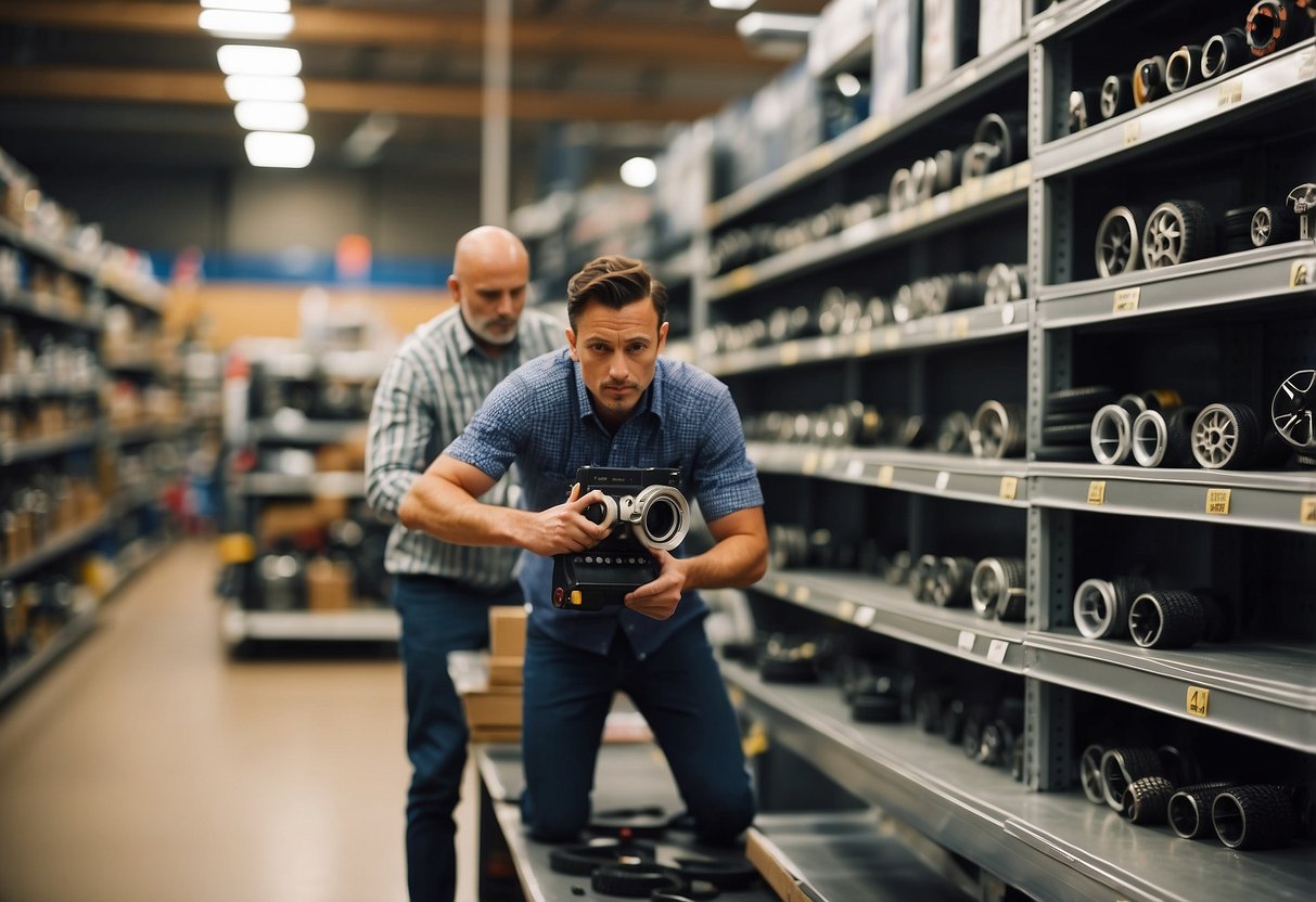 A person selects from various furniture wheels displayed on a shelf in a hardware store