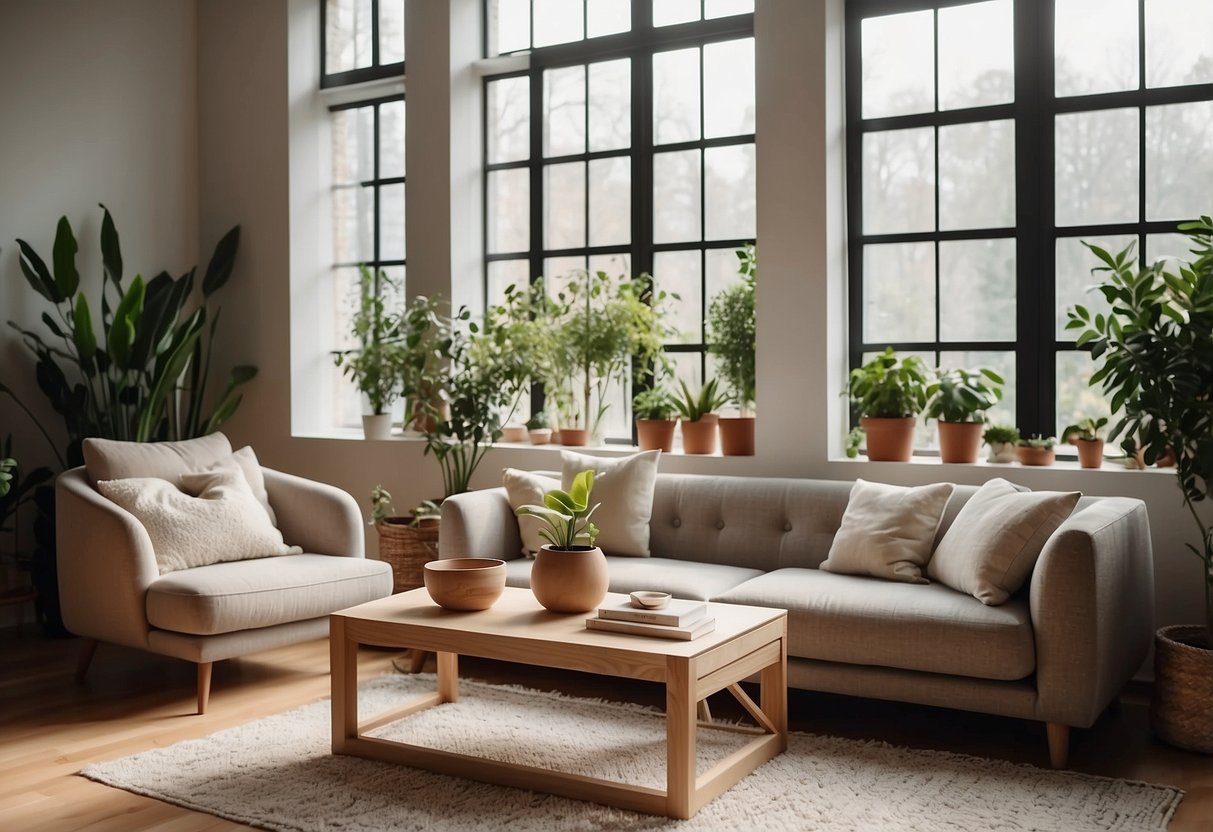 A cozy living room with a comfortable sofa, a stylish coffee table, and a soft rug. Large windows let in natural light, and potted plants add a touch of greenery
