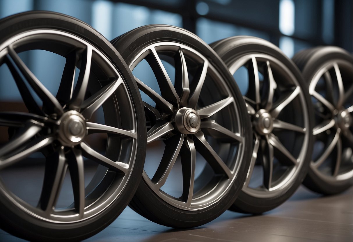 A set of furniture wheels arranged neatly on a sleek, modern floor, with a soft light casting a subtle shadow beneath each wheel