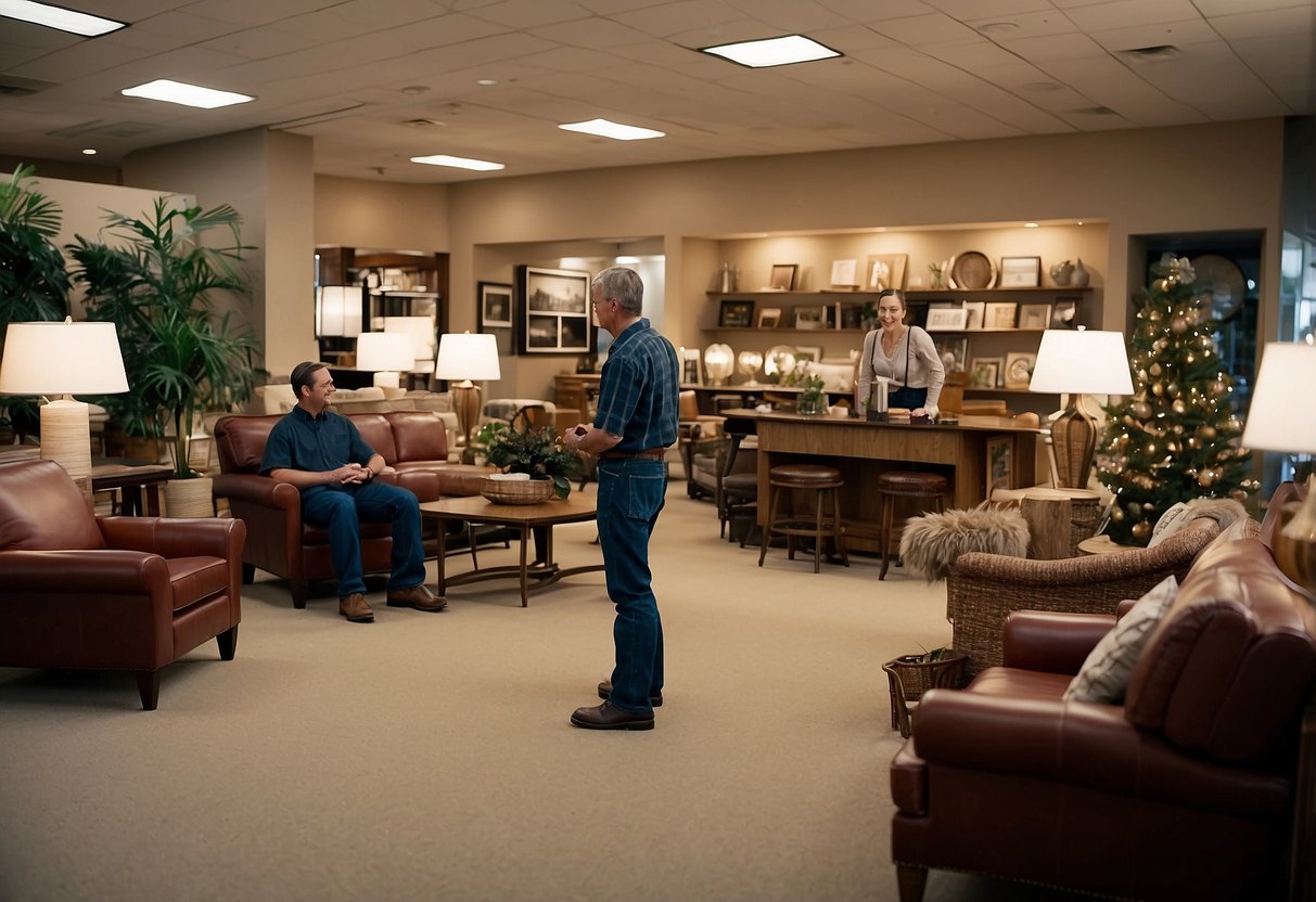 Customers browsing furniture, staff assisting, and a sign displaying "Frequently Asked Questions" at McPherson furniture store