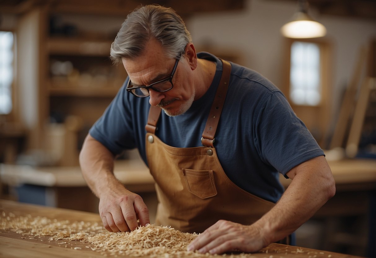 A craftsman shapes solid wood into custom furniture, using hand tools and precision. Wood shavings litter the workshop floor