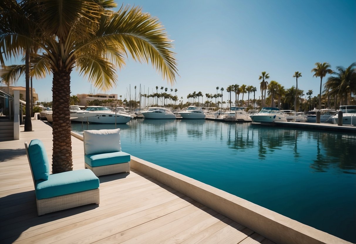 A marina with modern furniture, surrounded by palm trees and clear blue water. A sign reads "Frequently Asked Questions" in bold lettering