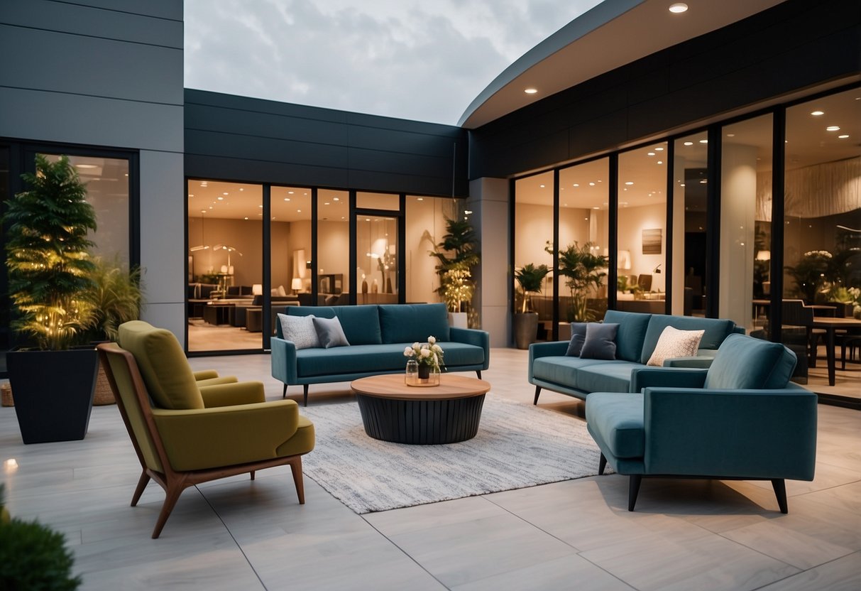 A modern furniture showroom with sleek lines and large windows, showcasing outdoor furniture displays and a welcoming entrance