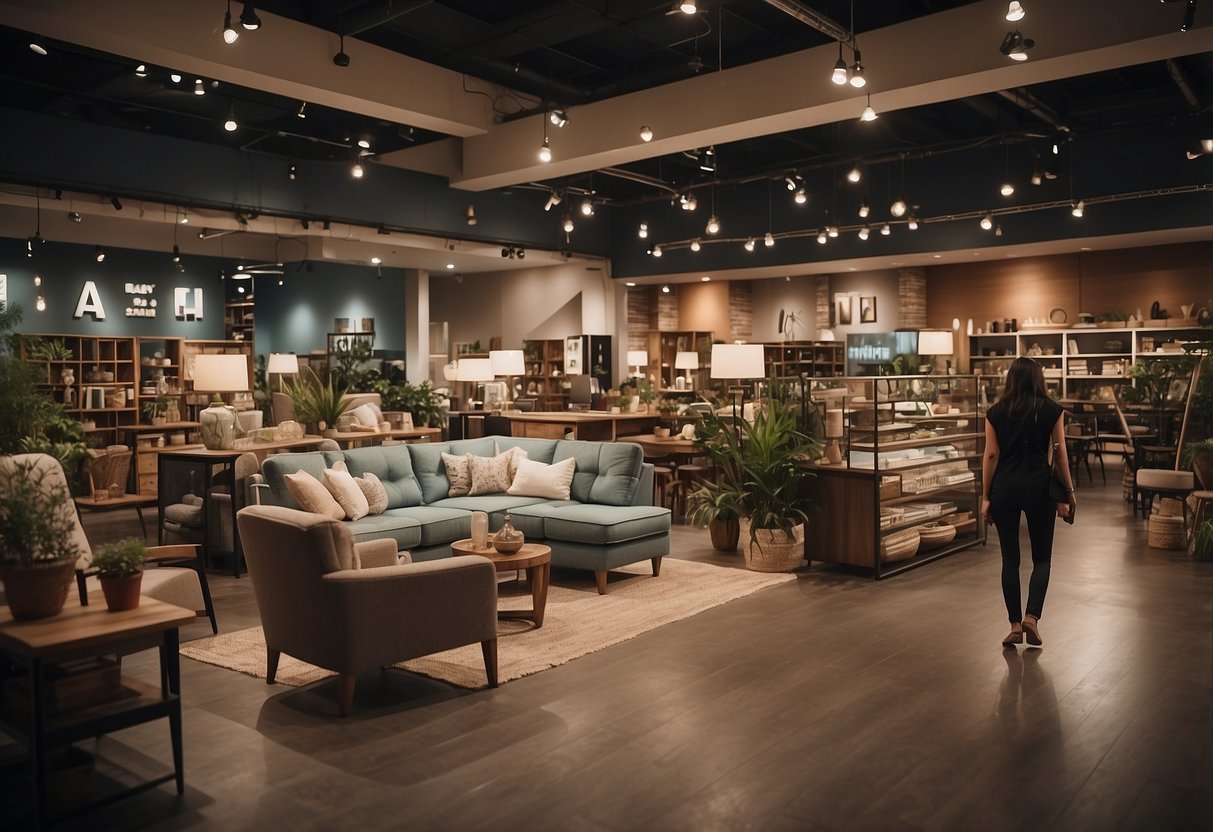 A busy furniture store with customers browsing and staff assisting. Shelves stocked with various home decor items. A sign displaying "Frequently Asked Questions" section