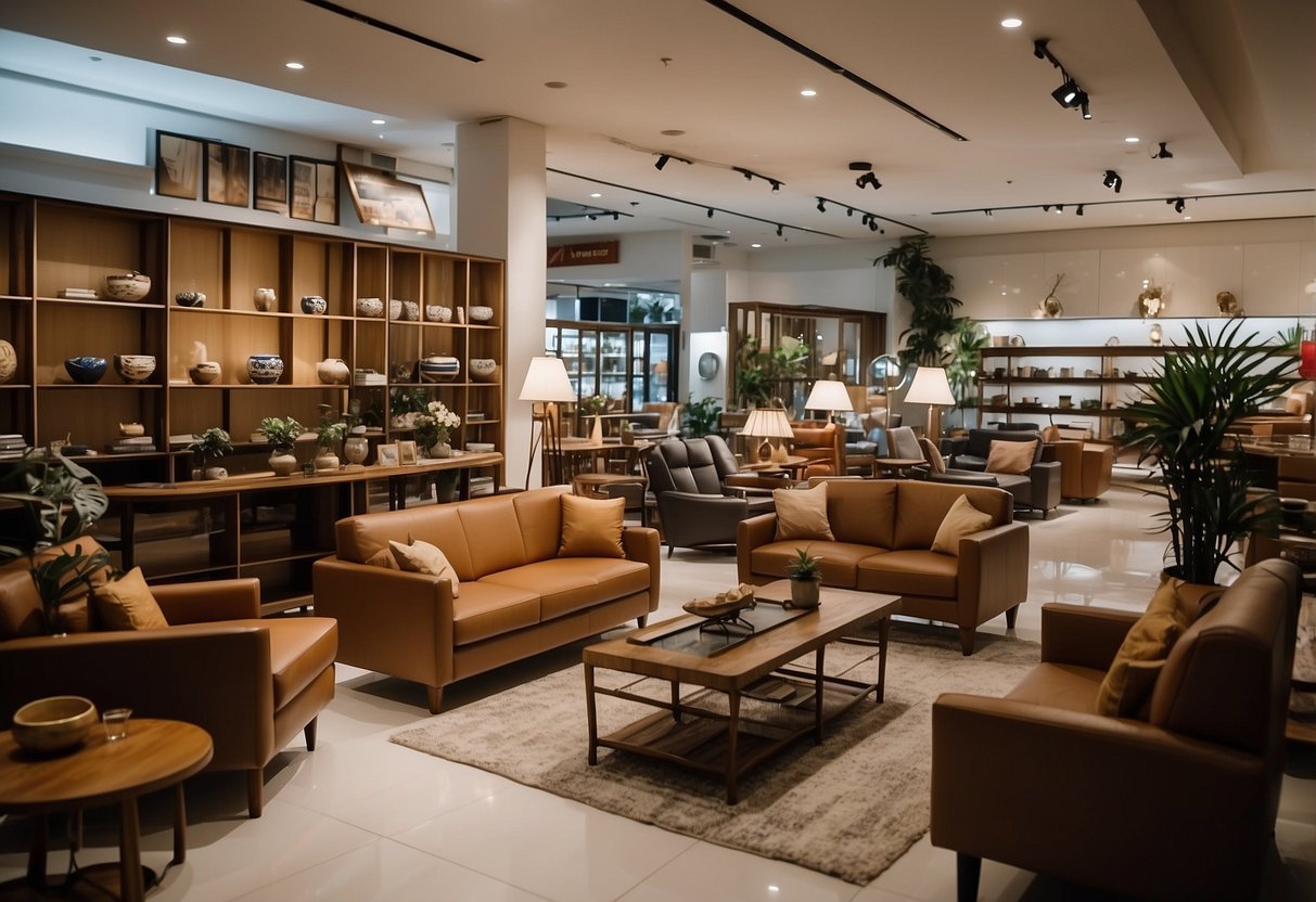 A spacious and well-lit furniture shop at Tan Boon Liat, showcasing a variety of unique and stylish collections for customers to explore and select from