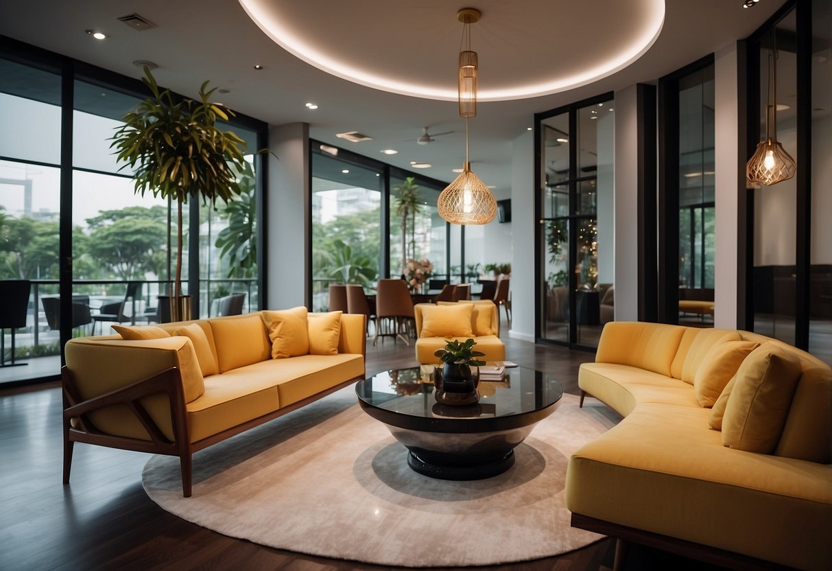 A modern, stylish furniture showroom in Thonglor with sleek designs and comfortable seating arrangements. Bright lighting and minimalist decor create an inviting atmosphere