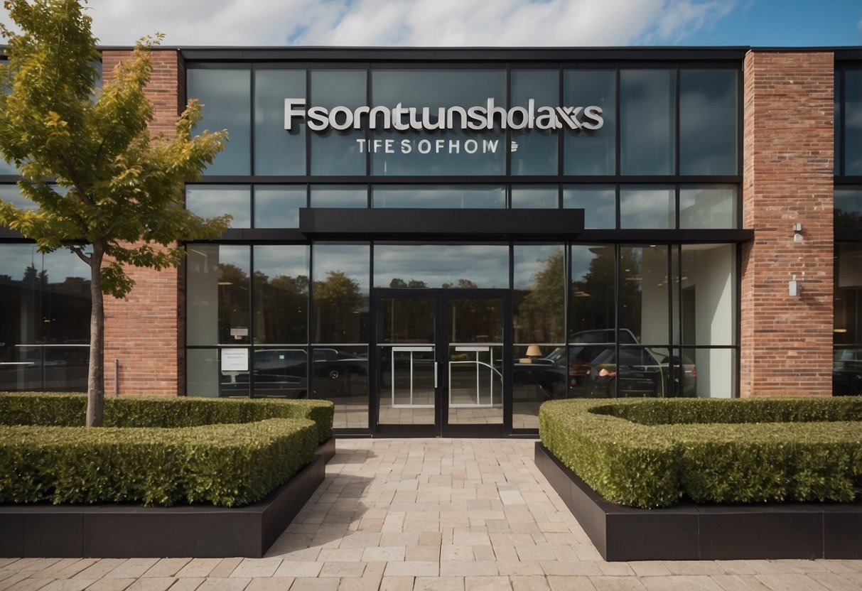 The furniture showroom exterior features a modern, sleek design with large glass windows, a bold signage, and a welcoming entrance