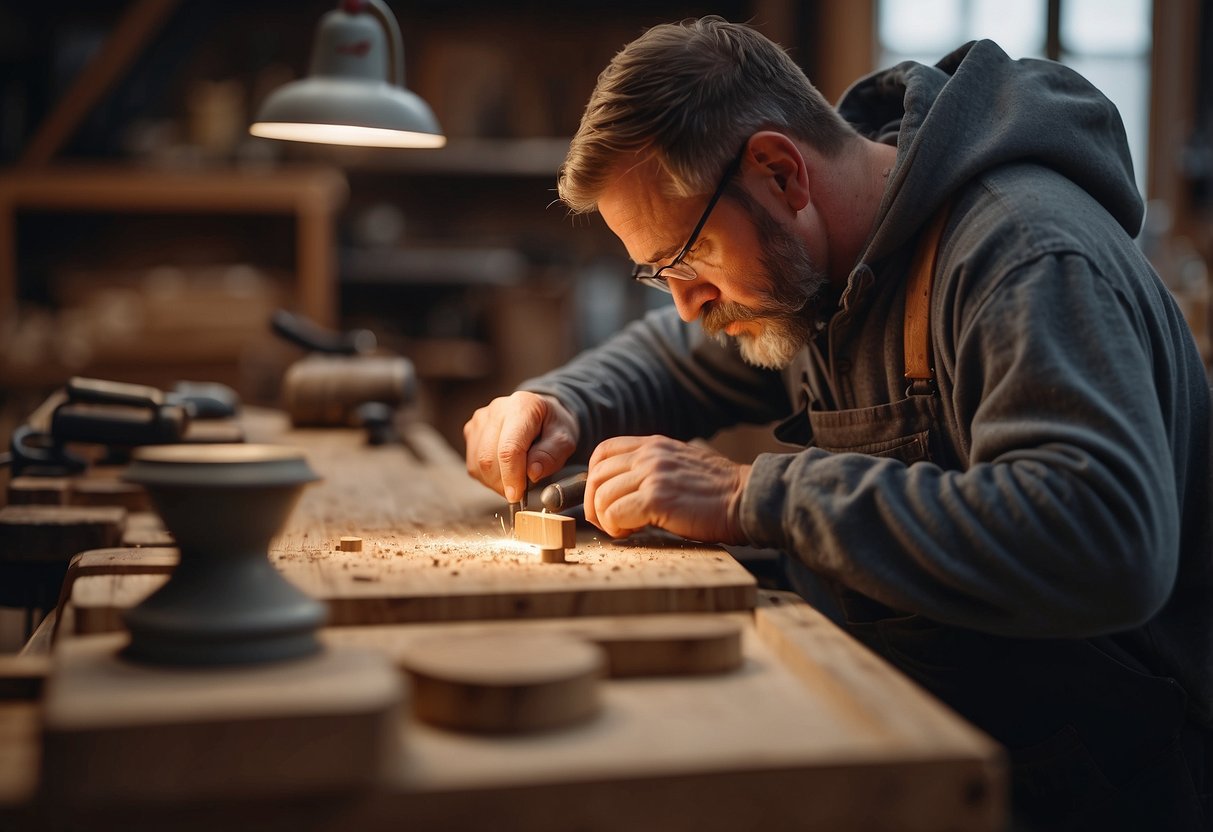 A woodworker crafts a custom furniture piece, using hand tools and precision, in a well-lit workshop