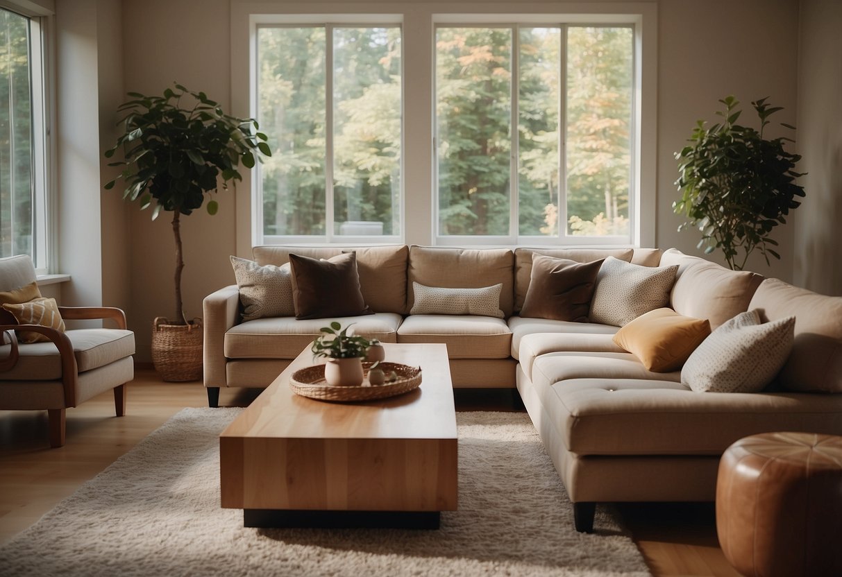 A cozy living room with rich maple furniture, bathed in warm natural light