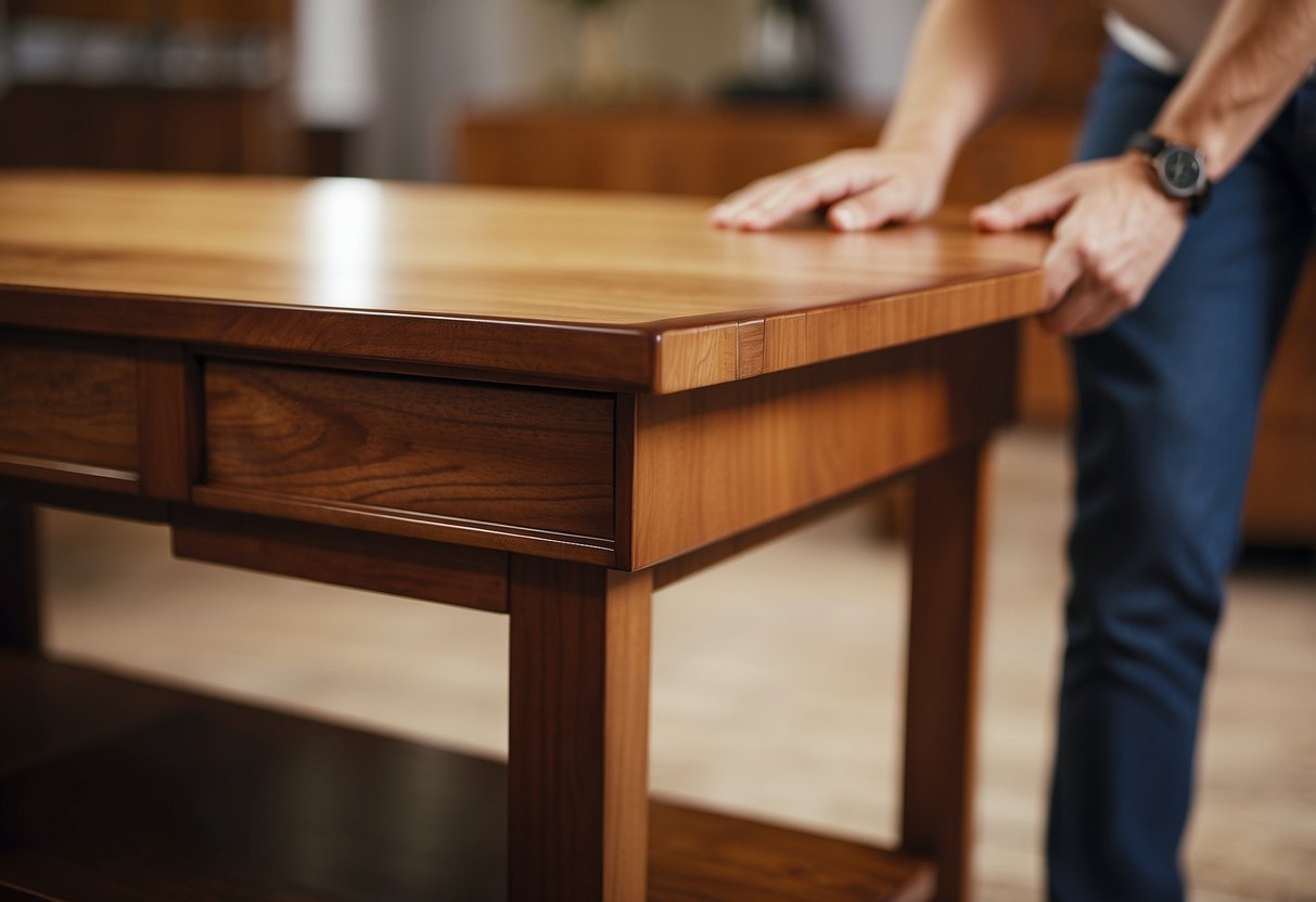 A person examines the rich, warm tones of maple wood furniture, noting its unique grain and smooth finish