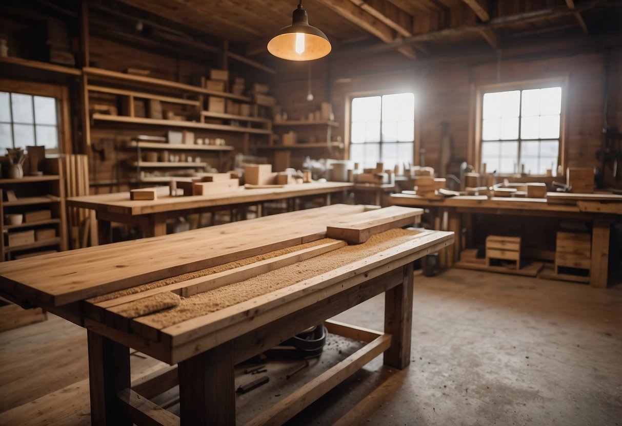 A rustic workshop with sawdust in the air, tools scattered on workbenches, and stacks of solid wood planks ready for custom furniture creation