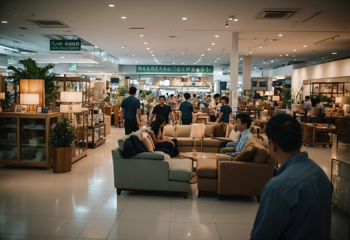 A bustling furniture mart at Kaki Bukit, with customers browsing and staff assisting. Showroom displays and signage prominently featured